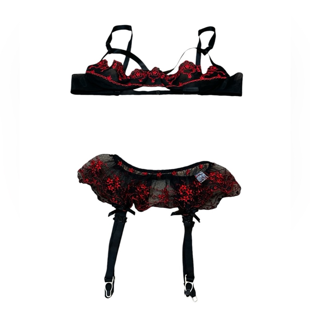 Vintage Glydons Lingerie Bra & Garter Belt Set Black Red Lace Bardot Coquette